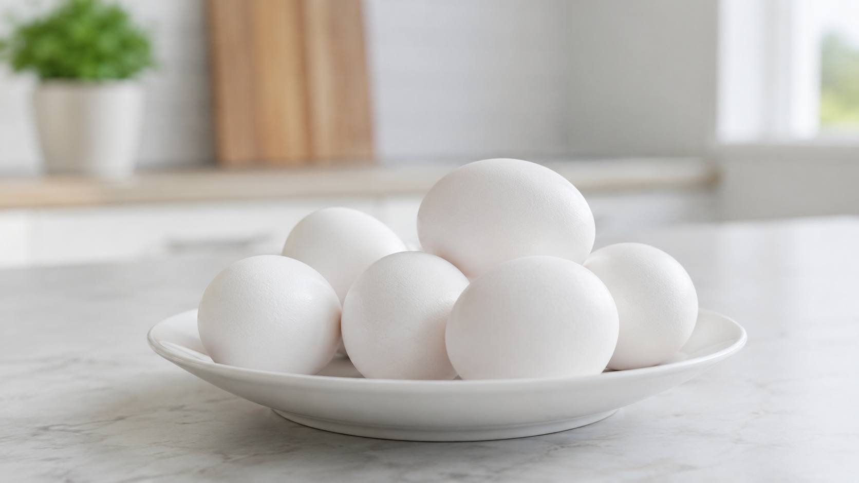 Seks hvite egg på en hvit tallerken på en marmorbenk.